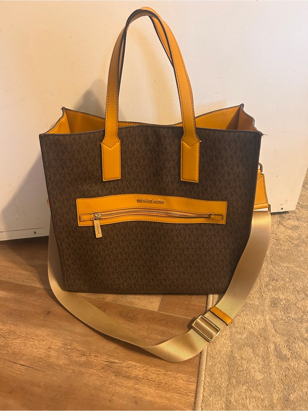 Michael Kors Brown Signature Tote with Yellow Trim - Picture 1 of 7
